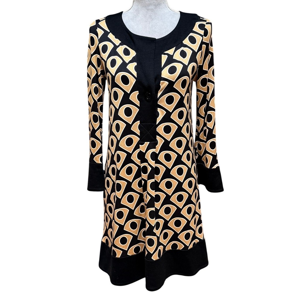 Diane von Furstenberg Silk Knit Geometric Dress 6 Tan Black Mod Retro Neutral